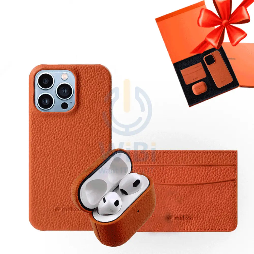 iPhone 13 Pro - Airpod 3 - Orange Leather Case Gift Set With Wallet Accessories > Mobiles & Tablets