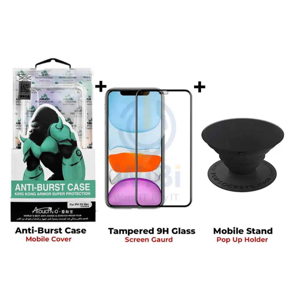 King Kong Anti Burst Clear Case + Tempered Glass Screen Protector + Pop Socket / iPhone 11 Pro Max - Bundle Offer