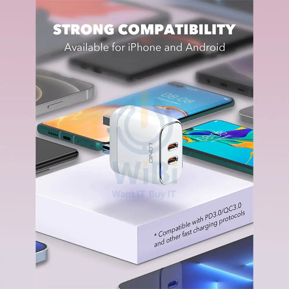 LDNIO Dual Super Fast Charging Adaptor with Cable - 35W / USB-C / White Accessories > Power Adapters