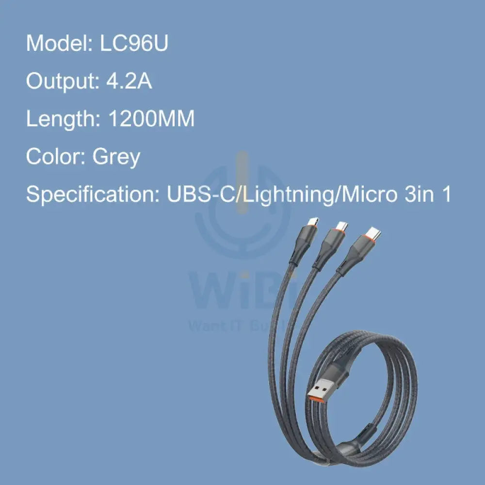 LDNIO LC96U 3-in-1 Fast Charging Data Cable - 1.2 Meter / Type-C / Lightning / Micro USB / Grey Accessories > Cables &