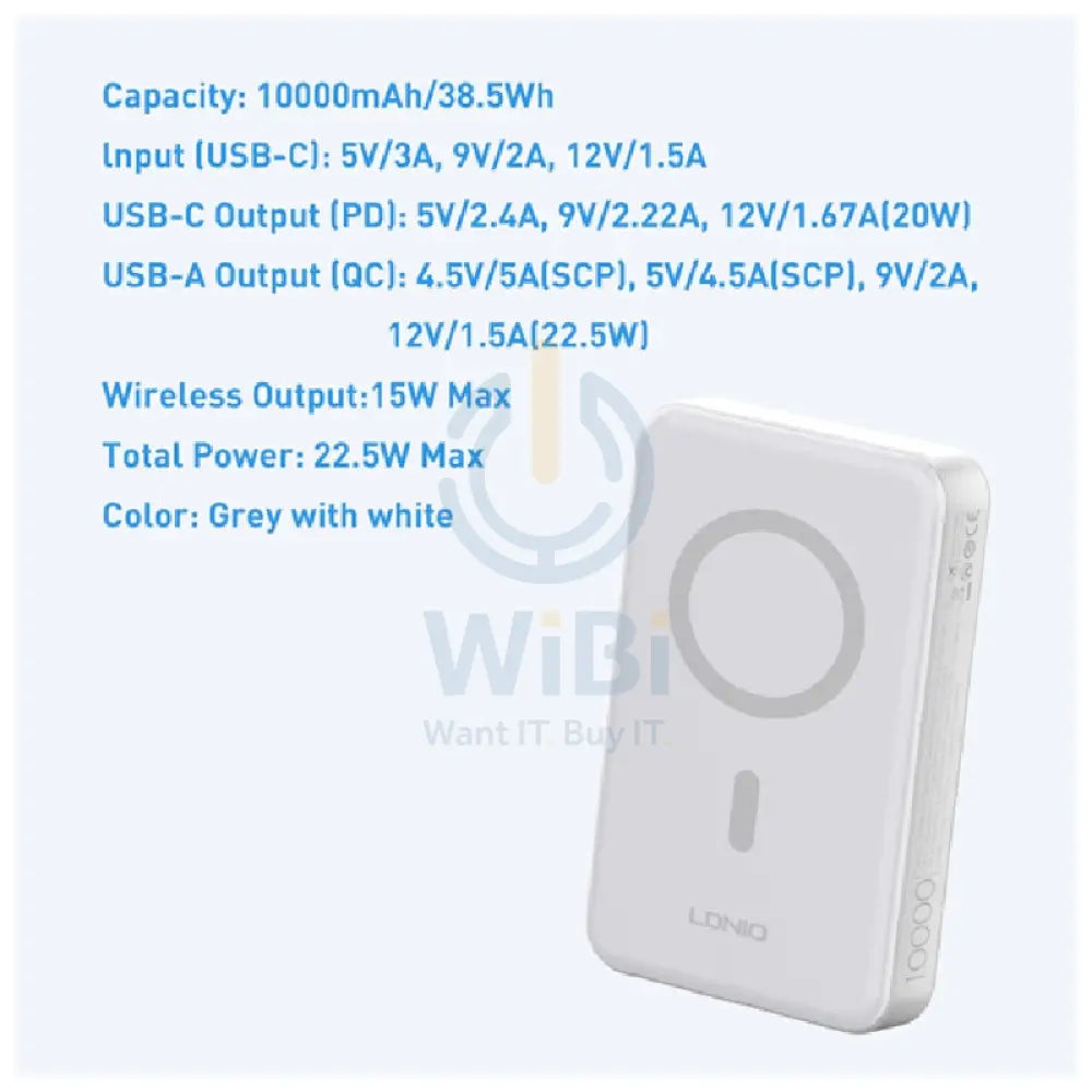 Ldnio PQ16 Magnetic Wireless Power Bank - 10,000mAh / 22.5W / White Accessories > Power Bank