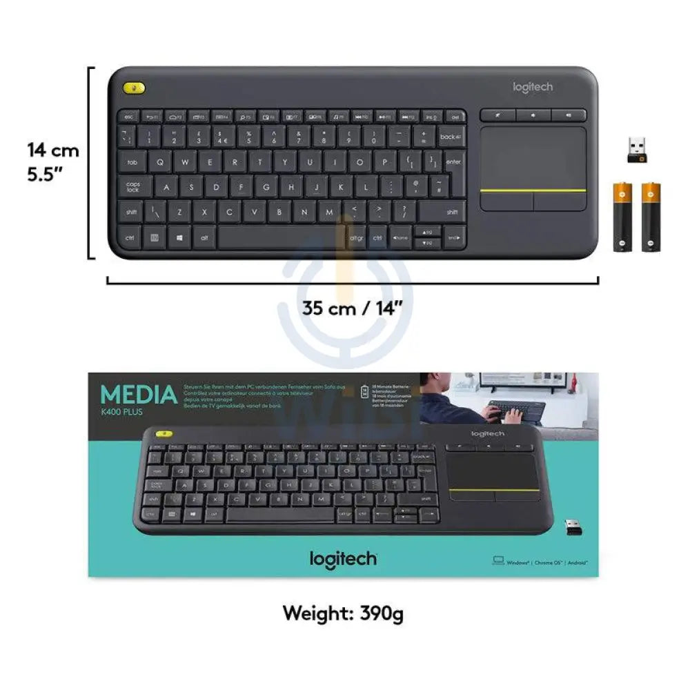Logitech K400 Plus Wireless Touch Keyboard - 2.40GHz / Up to 10m / Wi-Fi / Black - Keyboard - Cables & Peripherals