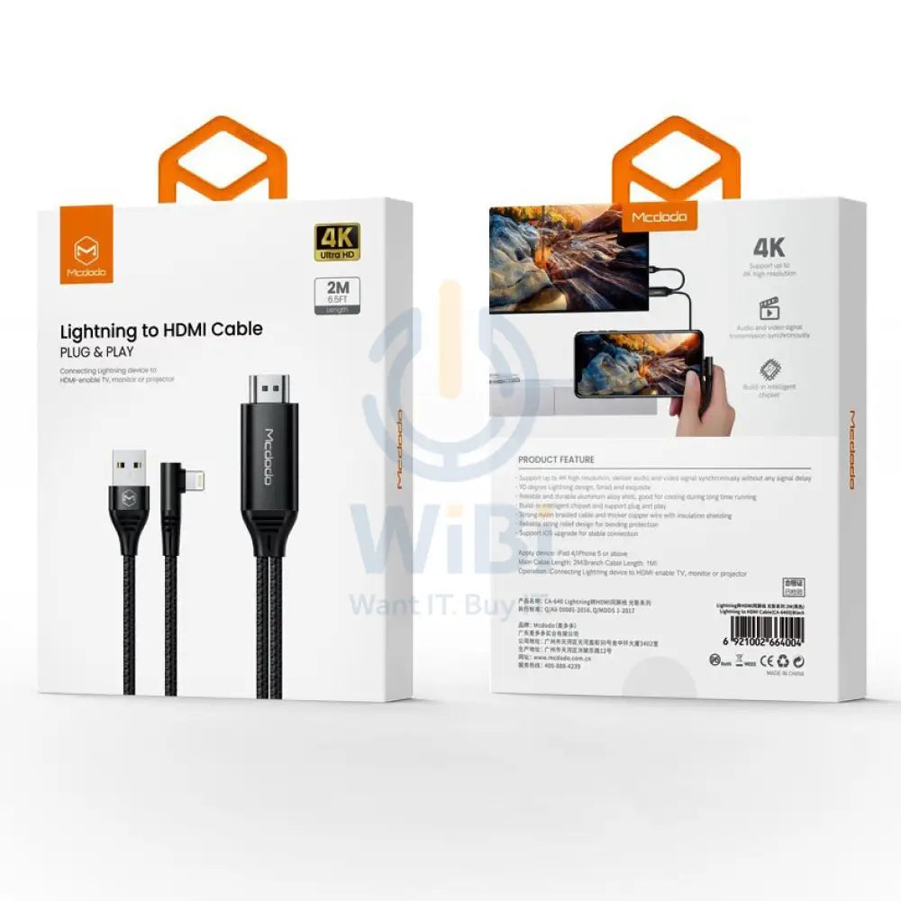 Mcdodo 90 Degree 4K HD Adapter TV Cable - USB / Lightning / HDMI / 2 Meter / Black Accessories > Cables & Converters >