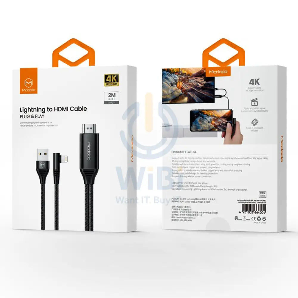 Mcdodo 90 Degree USB Lightning to HDMI 4K HD Adapter TV Cable 2 Meter for iPhone iPad Accessories > Cables & Converters