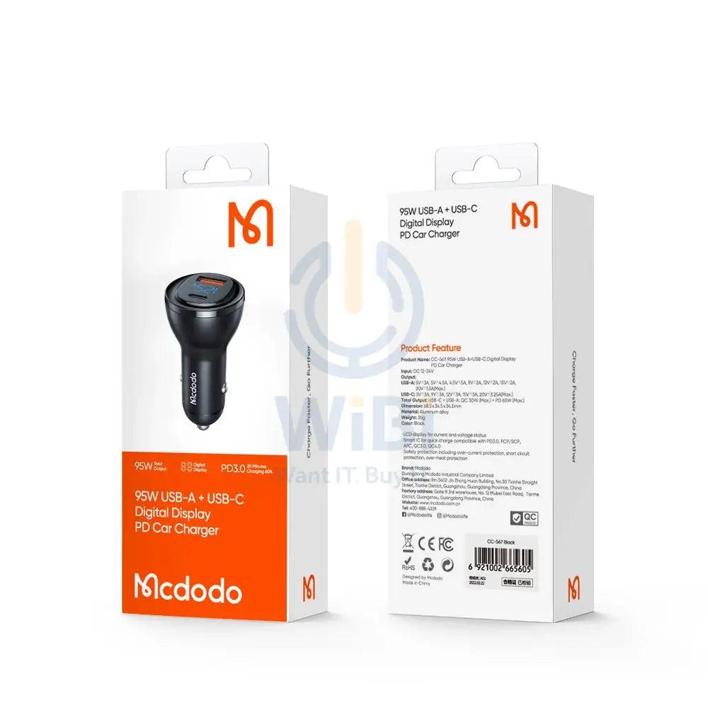 Mcdodo 95W PD + 5A Type-C + USB-A Port Digital Display Fast Car Charger Accessories > Power Adapters