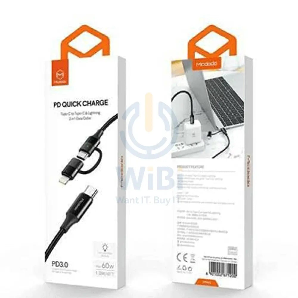 MCDODO CA-7120 Fast Charge Data Cable - 2 IN 1 PD Lightning / Type-C / 1.2 Meter / 60W / Black Accessories > Cables &
