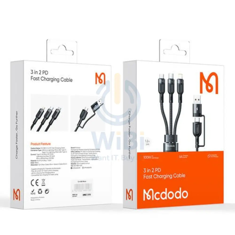 Mcdodo Ca-8800 Multifunction Data Cable - 2 In 3 PD USB-C / USB-A / Lightning / 1.2 Meters / Black Accessories > Cables