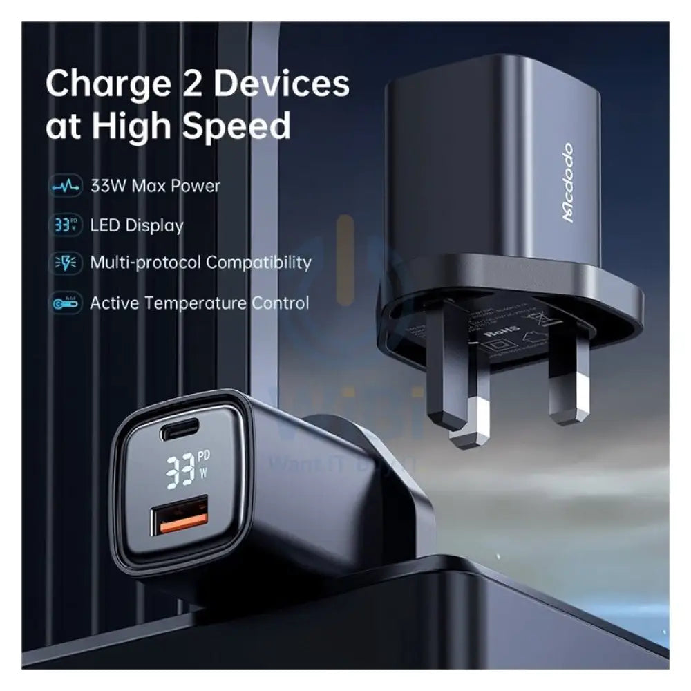 Mcdodo Digital Dislay PD + QC Dual Port 33W Fast Charger - 33W / USB-A / USB-C / Black Accessories > Power Adapters
