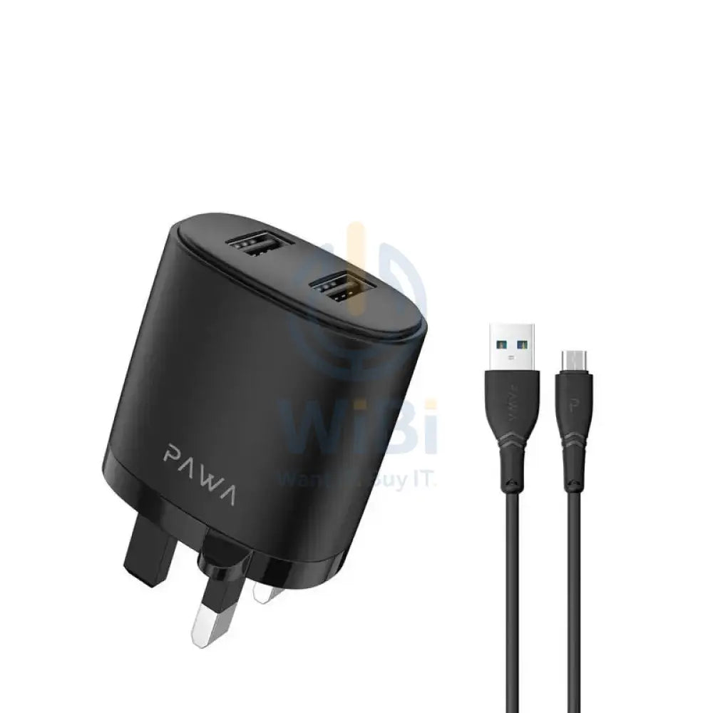 Pawa Solid Travel Charger Dual USB Port 2.4A With Micro Cable - Black Accessories > Cables & Converters