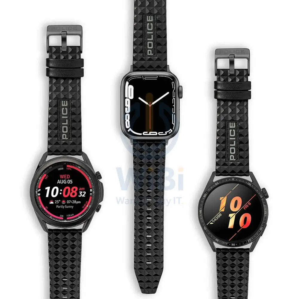 Police Pyramid Apple Watch Ultra/45/44/42mm Smart Watch 22mm Leather Gun Strap - Black Accessories > Smart Watches