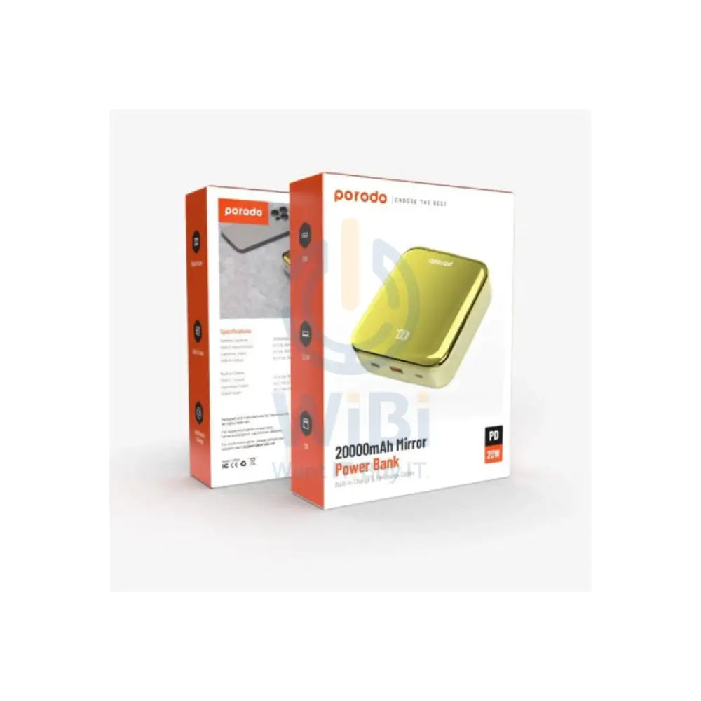 Porodo 20000mah Mirror Power Bank Built-in Charge - Gold Accessories > Power Bank