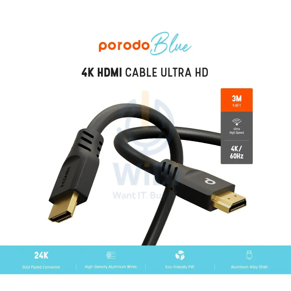 Porodo Blue 4K/60Hz HDMI Cable Ultra HD (3m/9.8ft) - Black Accessories > Cables & Converters > Cables