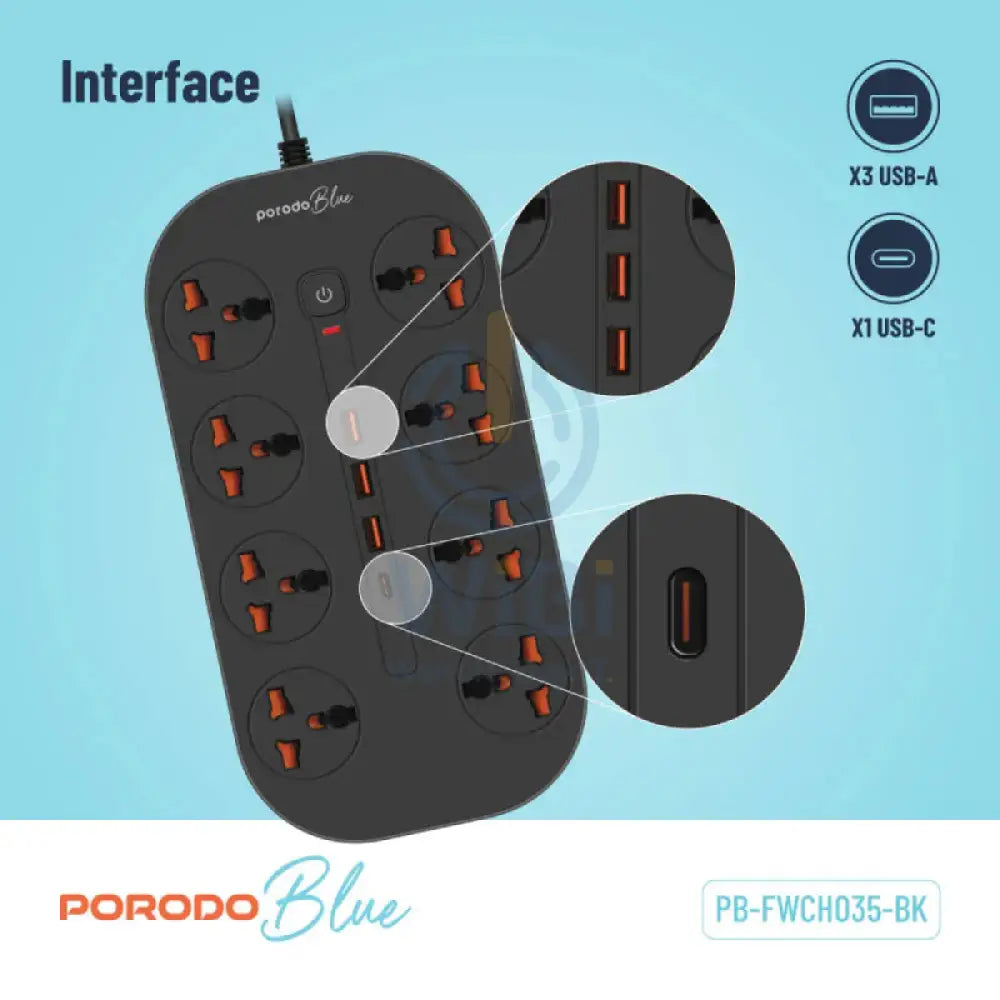 Porodo Blue 8 AC Power Strip - UK 3-Pin Plug / USB-C / USB-A / Black Accessories > Power > Power Protection > Surge