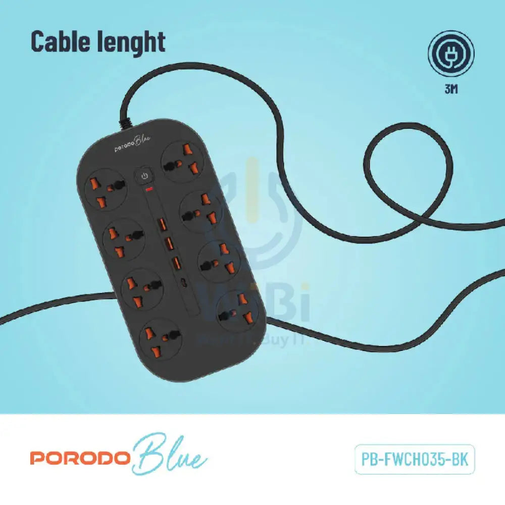 Porodo Blue 8 AC Power Strip - UK 3-Pin Plug / USB-C / USB-A / Black Accessories > Power > Power Protection > Surge