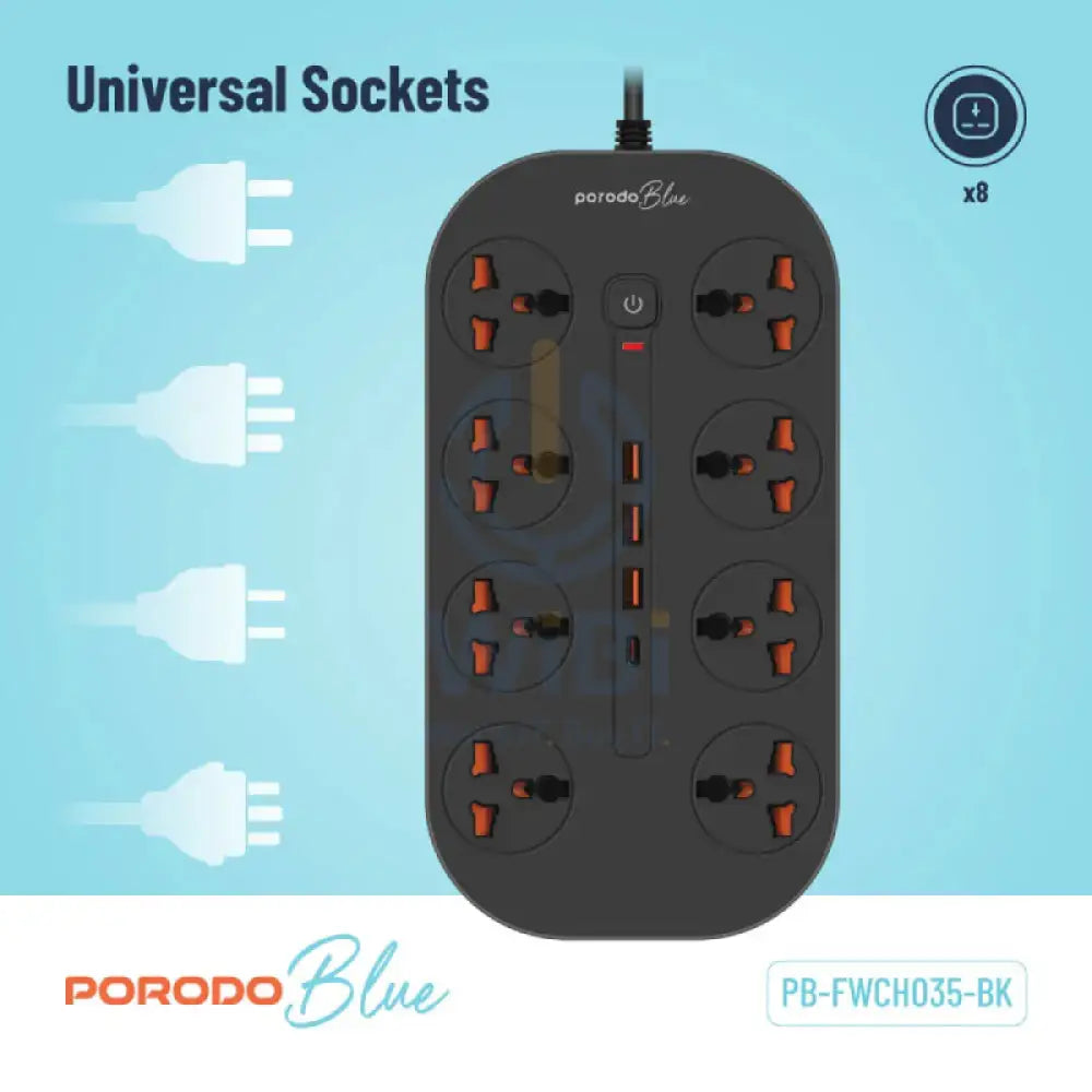 Porodo Blue 8 AC Power Strip - UK 3-Pin Plug / USB-C / USB-A / Black Accessories > Power > Power Protection > Surge