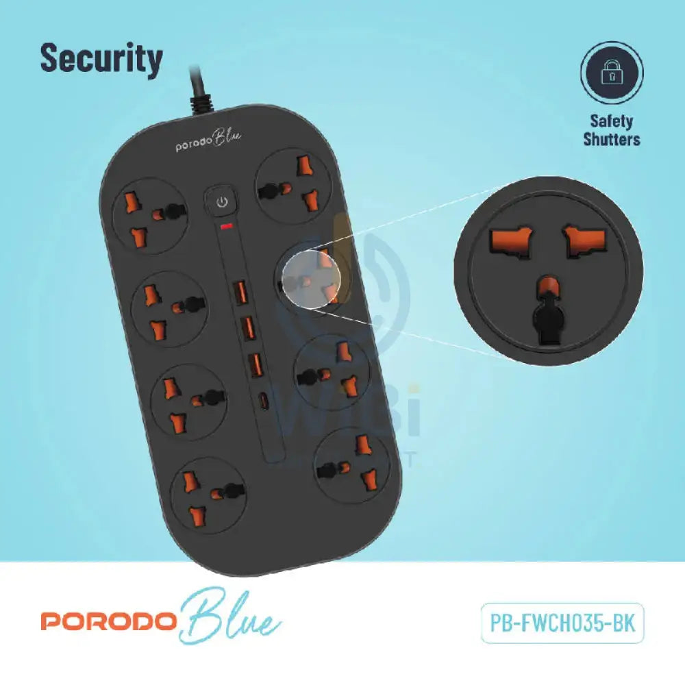 Porodo Blue 8 AC Power Strip - UK 3-Pin Plug / USB-C / USB-A / Black Accessories > Power > Power Protection > Surge