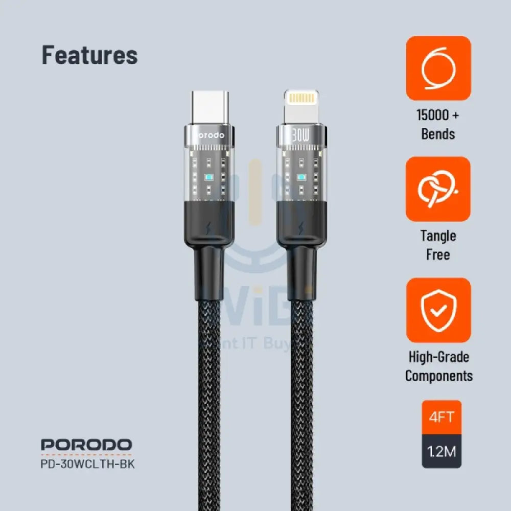 Porodo Braided Fast Charging Data Cable - 1.2M / Type-C / Lightning / 30W / Black Accessories > Cables & Converters >