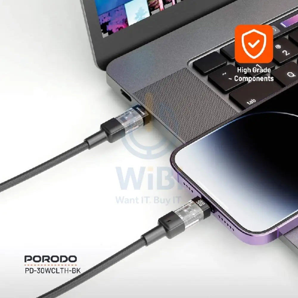Porodo Braided Fast Charging Data Cable - 1.2M / Type-C / Lightning / 30W / Black Accessories > Cables & Converters >