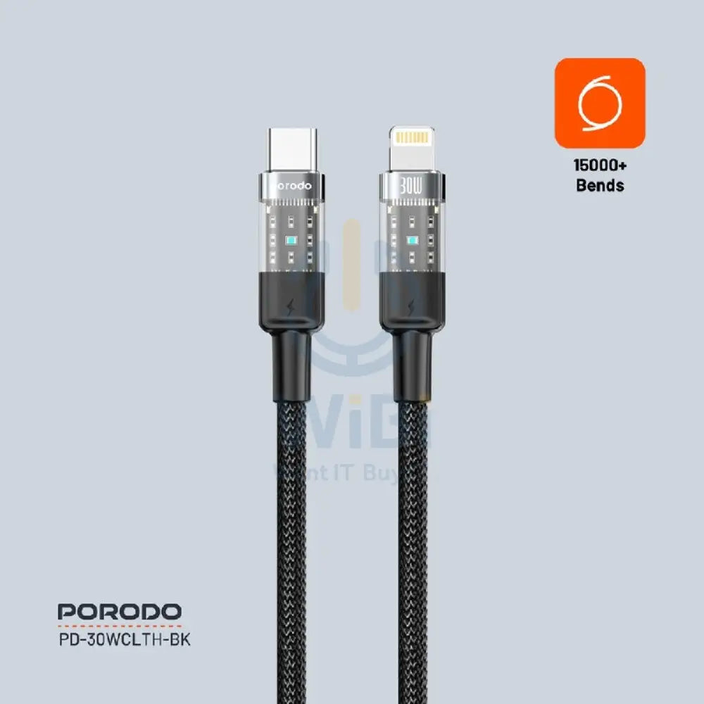 Porodo Braided Fast Charging Data Cable - 1.2M / Type-C / Lightning / 30W / Black Accessories > Cables & Converters >