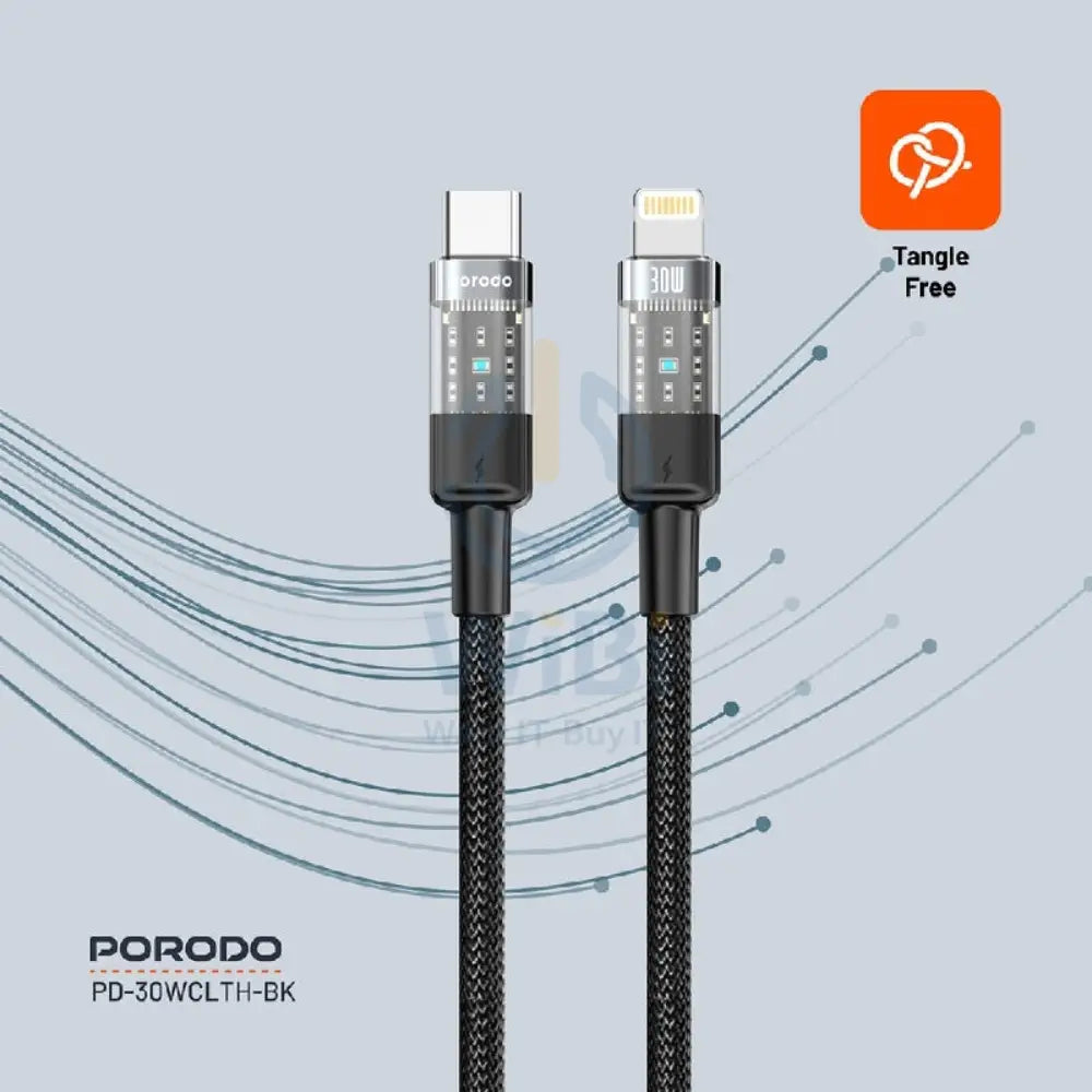 Porodo Braided Fast Charging Data Cable - 1.2M / Type-C / Lightning / 30W / Black Accessories > Cables & Converters >