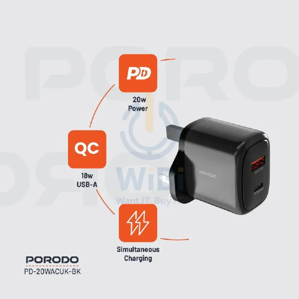 Porodo Dual Output Quick Charger - 20W / USB-A / USB-C / Black Accessories > Power Adapters