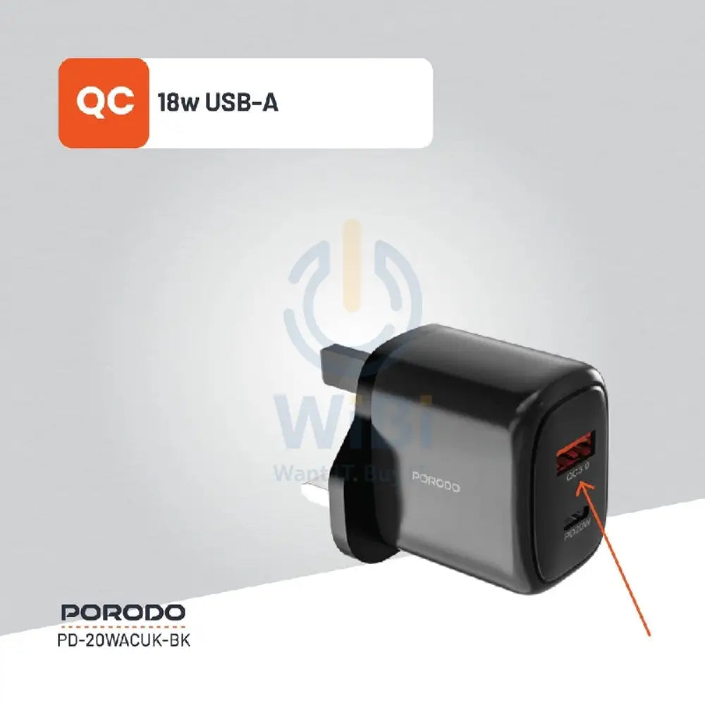 Porodo Dual Output Quick Charger - 20W / USB-A / USB-C / Black Accessories > Power Adapters