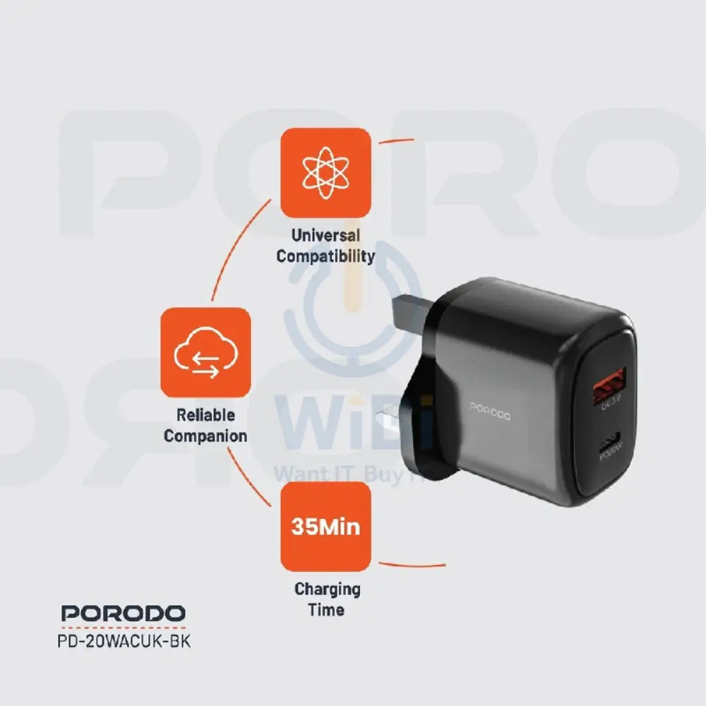 Porodo Dual Output Quick Charger - 20W / USB-A / USB-C / Black Accessories > Power Adapters