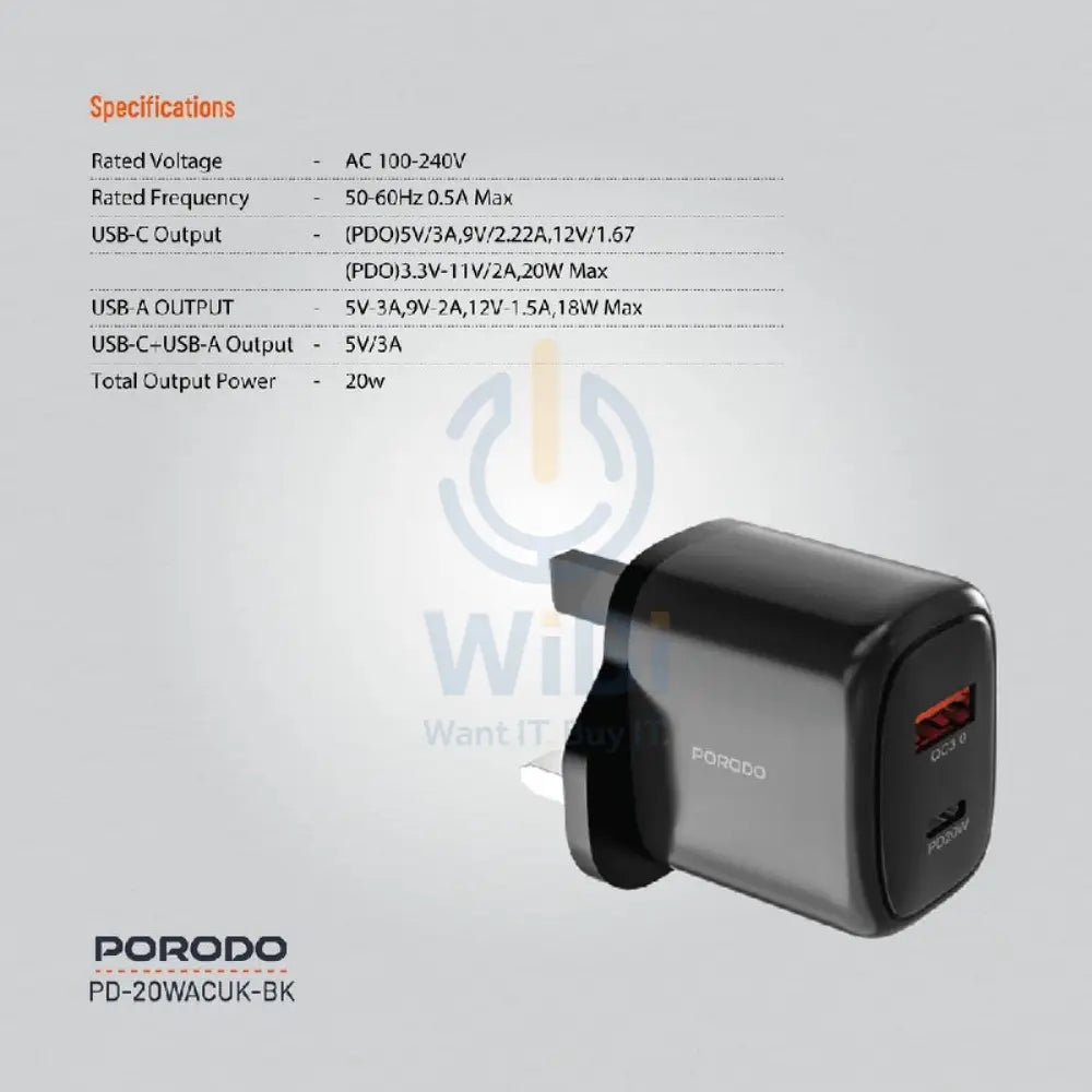 Porodo Dual Output Quick Charger - 20W / USB-A / USB-C / Black Accessories > Power Adapters
