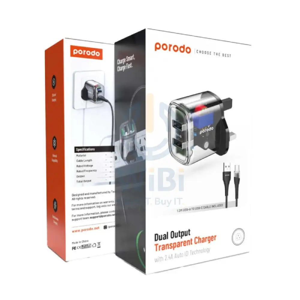 Porodo Dual Output Transparent Charger with Cable - USB-C / 12W / Black Accessories > Power Adapters
