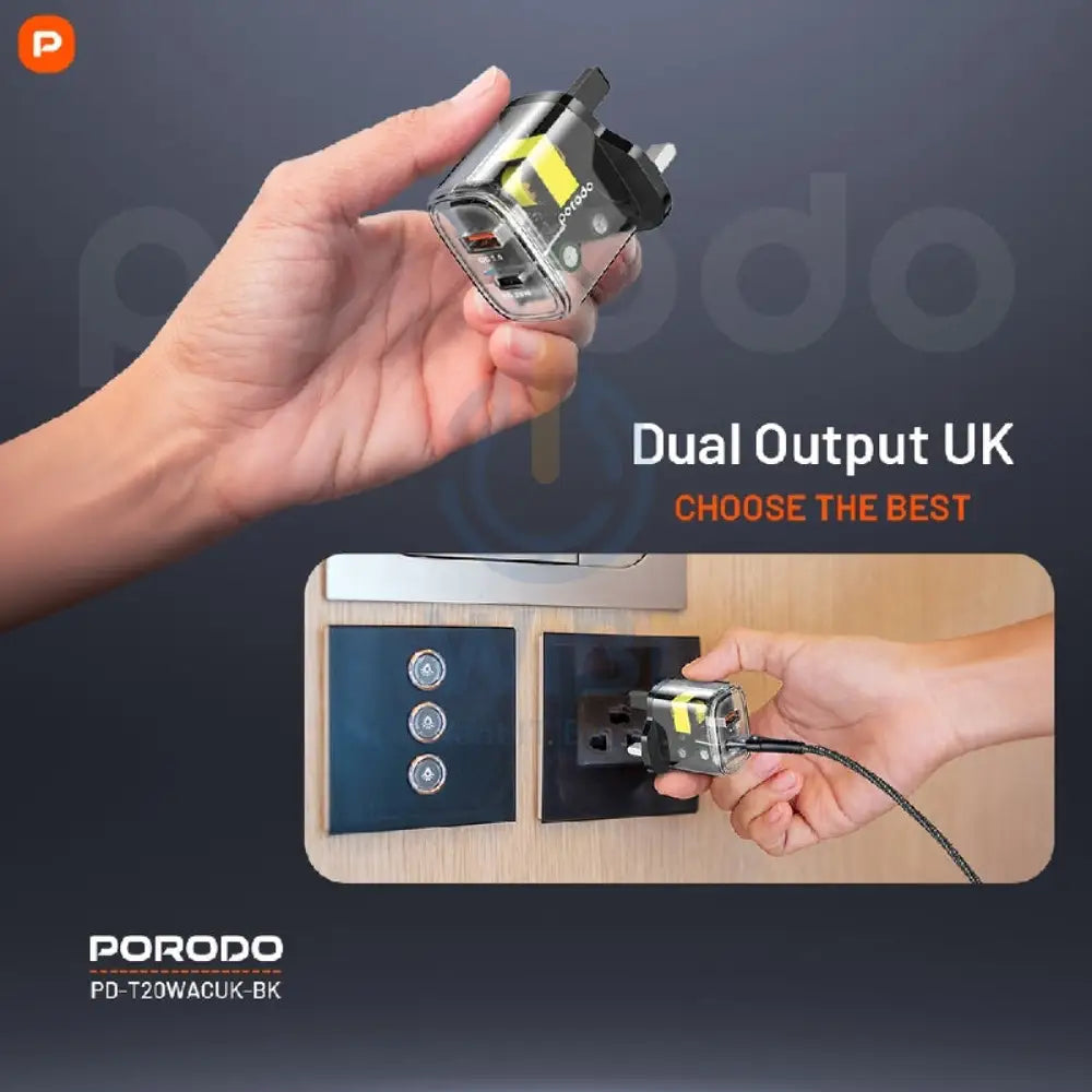Porodo Dual Output Transparent Quick Charger - USB-C / USB-A / Black Accessories > Power Adapters