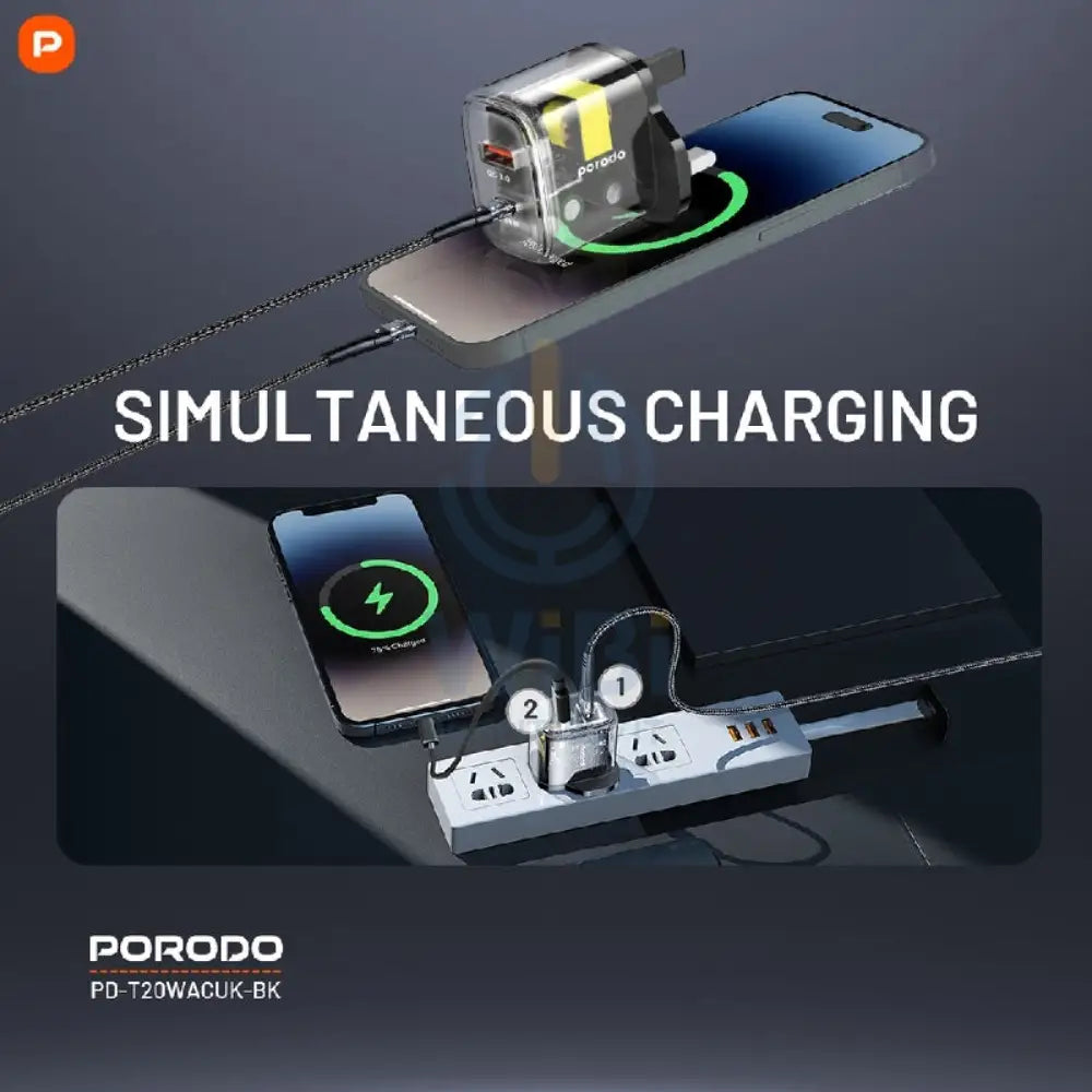 Porodo Dual Output Transparent Quick Charger - USB-C / USB-A / Black Accessories > Power Adapters