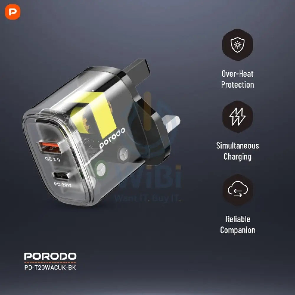 Porodo Dual Output Transparent Quick Charger - USB-C / USB-A / Black Accessories > Power Adapters