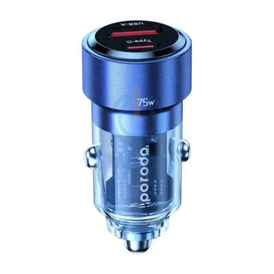 Porodo Dual Port Transparent Aluminum Car Charger - 75W / Blue Accessories > Mobiles & Tablets > Mobiles > Car Chargers