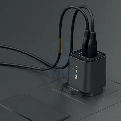 شاحن حائط مزدوج منفذ من Porodo بقدرةشاحن .شاحن أمبير مع كابل تايب-سي مع . مع متركابل أسود اكسسوارات طاقة محولات