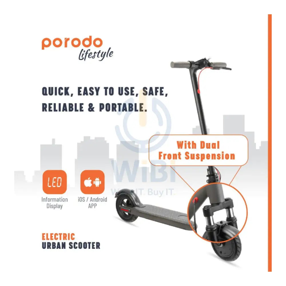 Porodo Electric Urban Scooter with Front Suspension - 25Km/h / 7800mAh / Black Accessories > Smart Devices > Electric