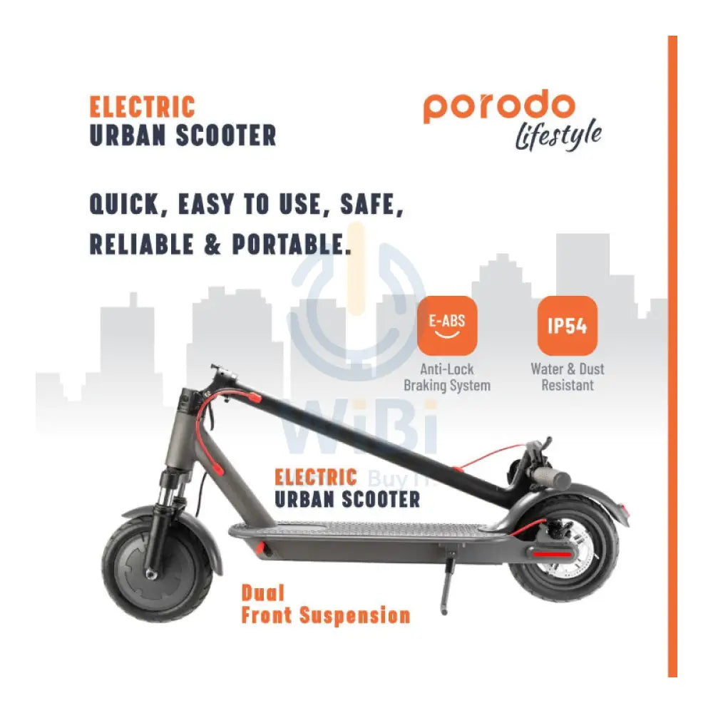 Porodo Electric Urban Scooter with Front Suspension - 25Km/h / 7800mAh / Black Accessories > Smart Devices > Electric