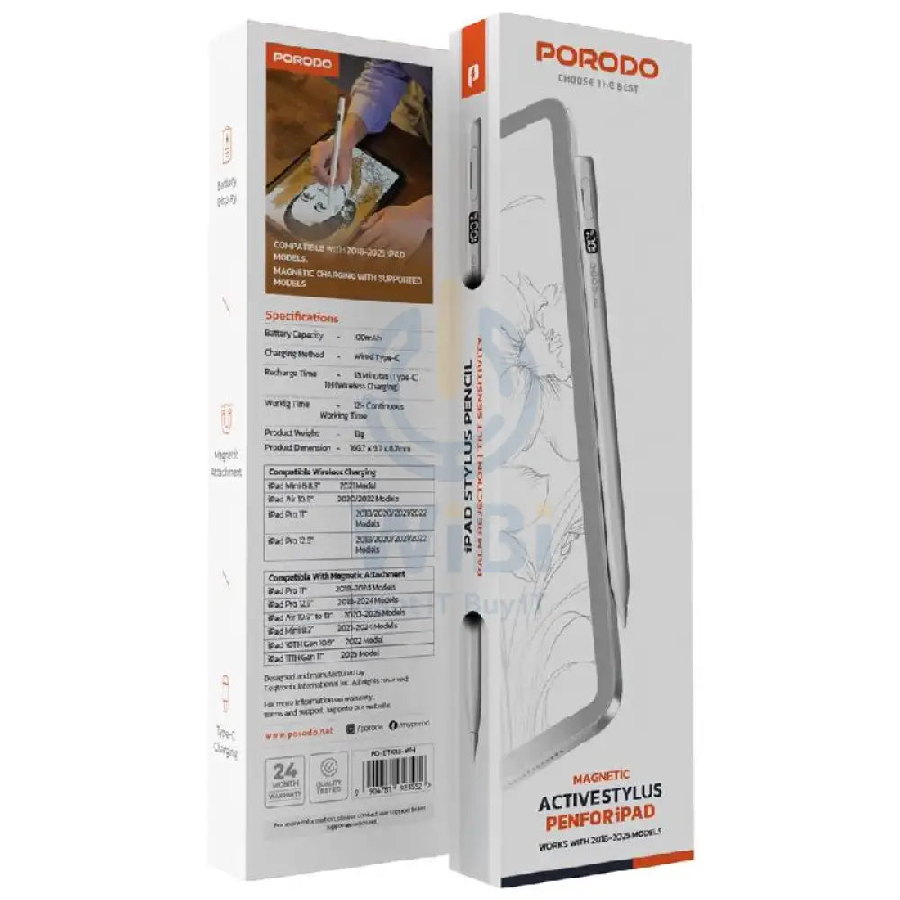 Porodo Magnetic Active Stylus Pen - 100mAh / White Accessories > Mobiles & Tablets > Tablets > Stylus & Pencil