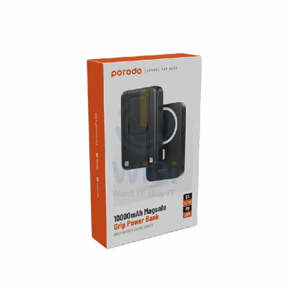 Porodo MagSafe Grip PowerBank With Cable - 10000mAh / Type-C / Lightning / Black Accessories > Power Bank