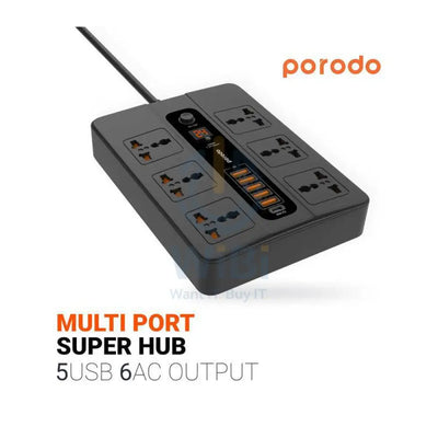 Porodo Multi Port Super Hub Socket - 6 Socket / USB-C / Black - Pack of 2