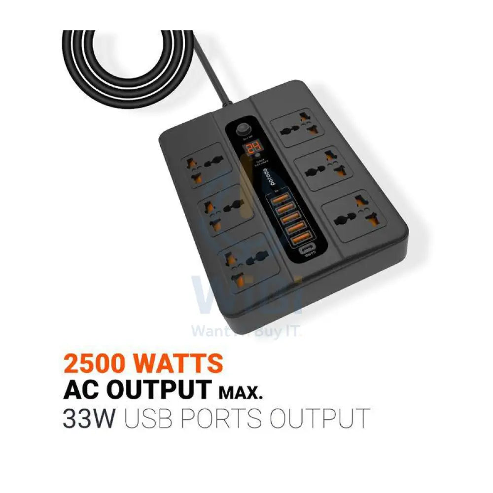 Porodo Multi Port Super Hub Socket - 6 Socket / USB-C / Black - Pack of 2