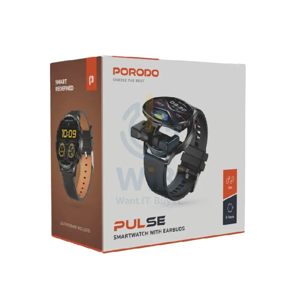 Porodo Pulse Smartwatch With Earbuds - 300mAh / Black Smart Watches