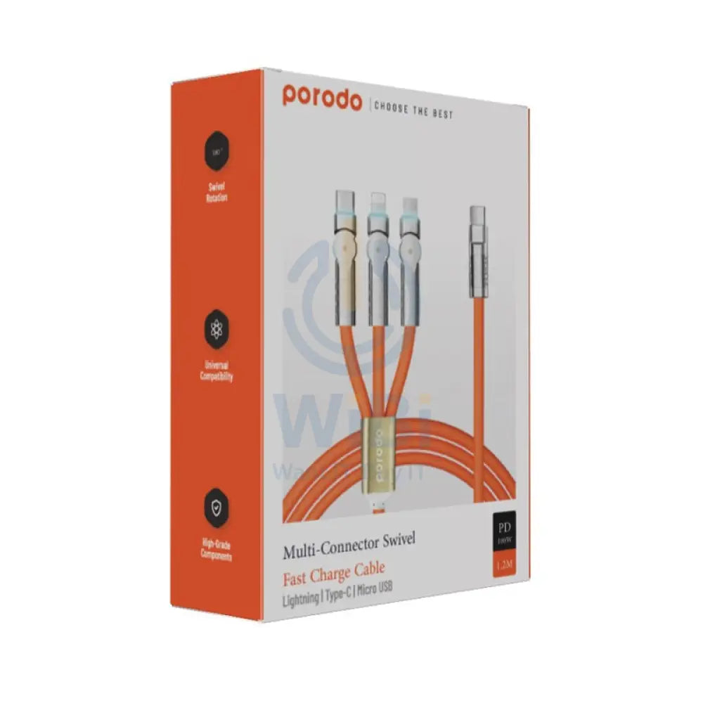 Porodo Three-in-one Multi-Connector Swivel Cable - 100W / 1.2 Meter / Orange Accessories > Cables & Converters > Cables