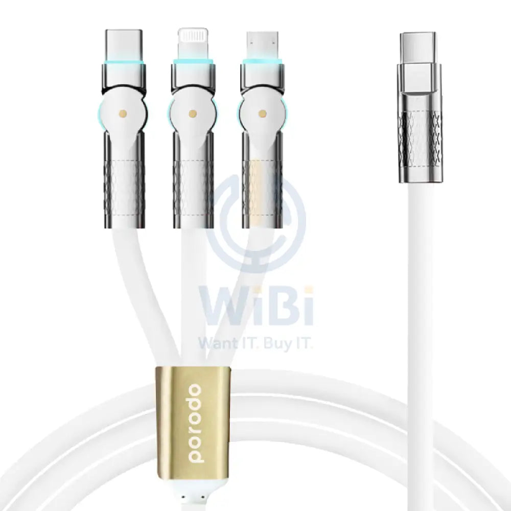 Porodo Three-in-one Multi-Connector Swivel Cable - 100W / 1.2 Meter / White Accessories > Cables & Converters > Cables