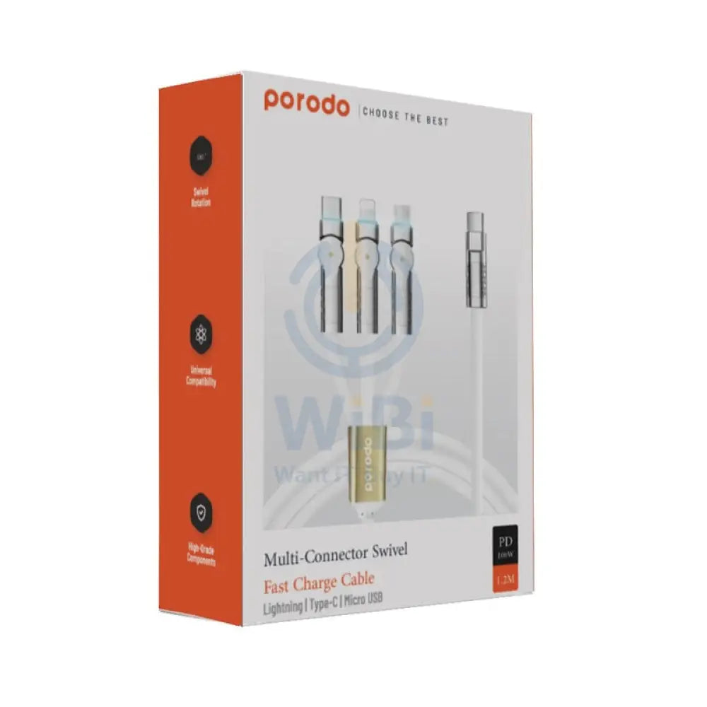 Porodo Three-in-one Multi-Connector Swivel Cable - 100W / 1.2 Meter / White Accessories > Cables & Converters > Cables