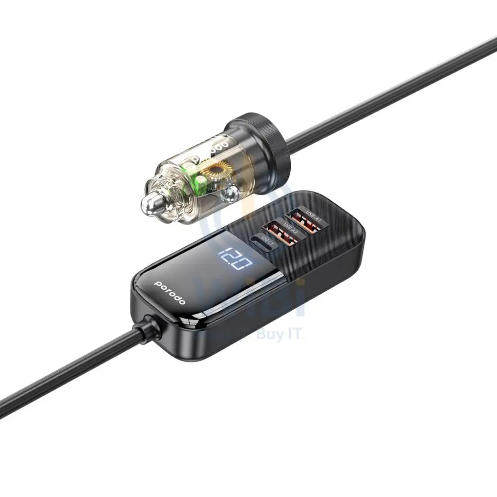 Porodo Transparent Multi Port Car Charger with Rear Expansion - 120W / Black Accessories > Mobiles & Tablets > Mobiles
