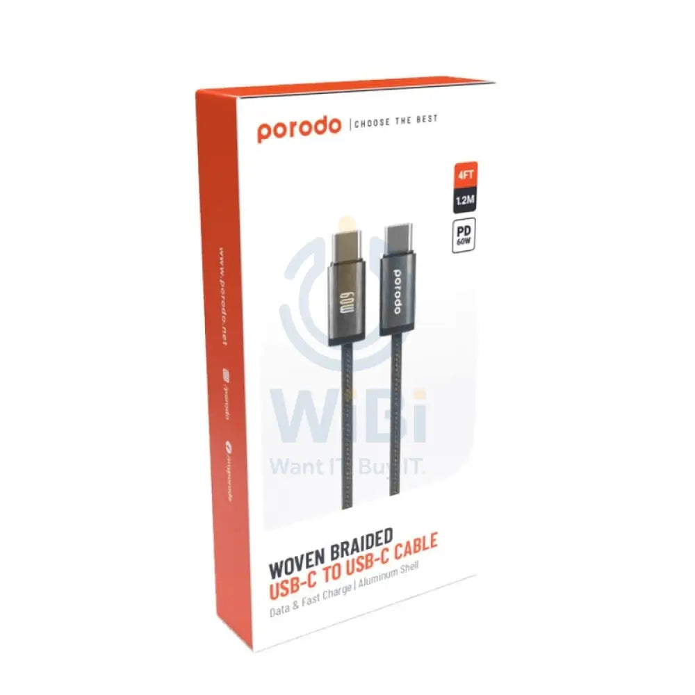 Porodo Woven Braided Cable - 1.2M / Type-C / 60W / Black Accessories > Cables & Converters > Cables