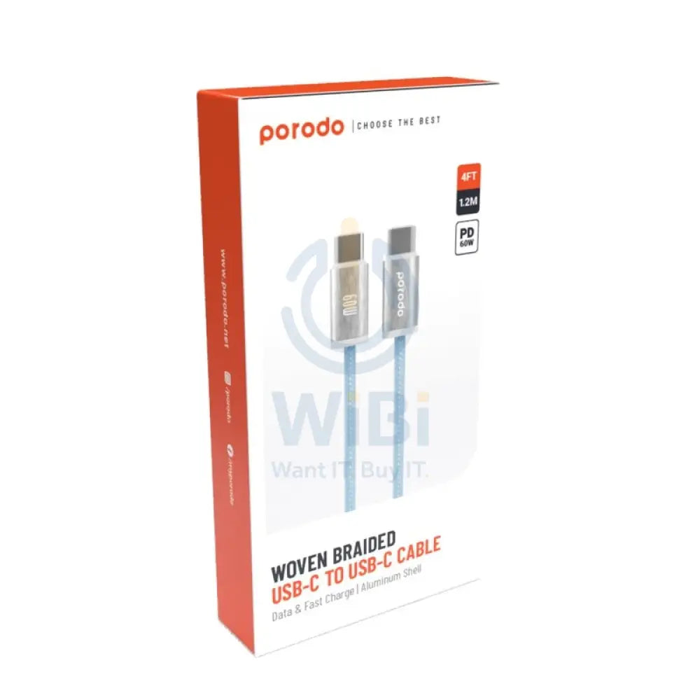Porodo Woven Braided Cable - 1.2M / Type-C / 60W / Blue Accessories > Cables & Converters > Cables