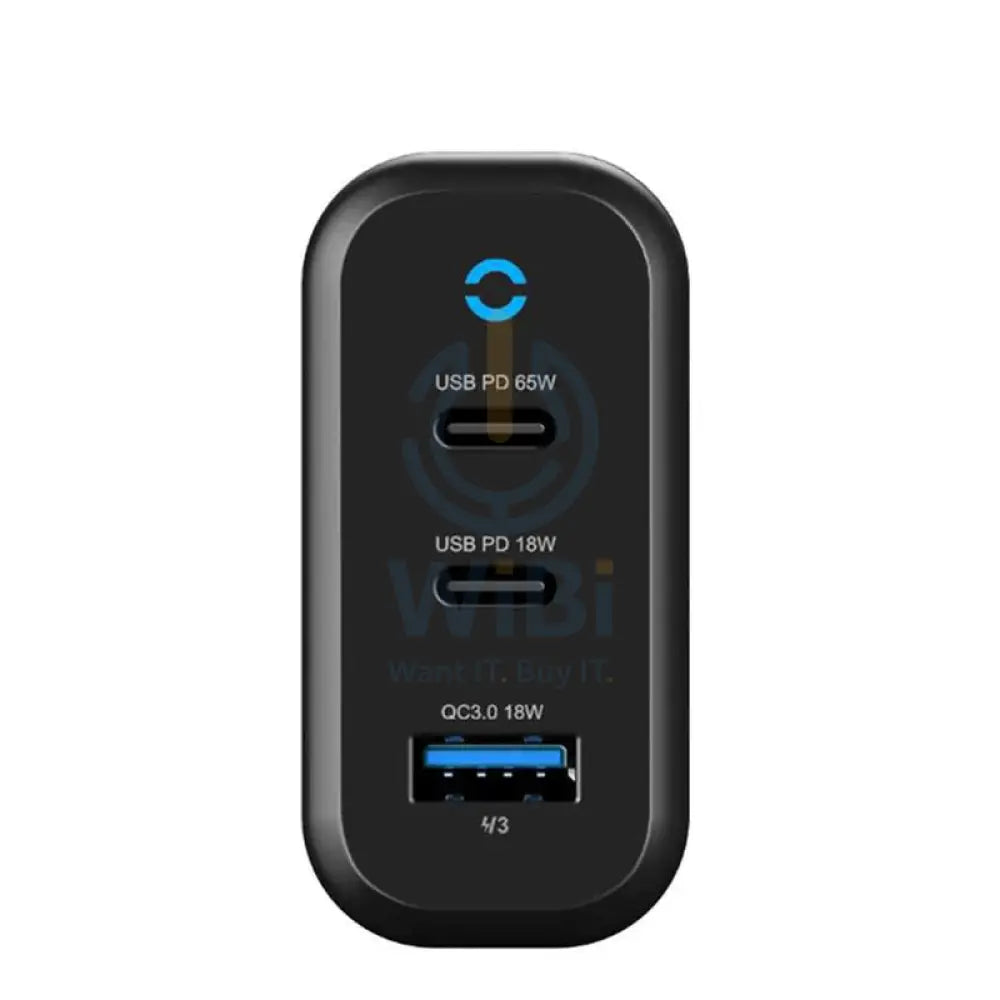 Powerology 3 Output 65W GaN Charger - 65W / USB-C / USB-A / Black
