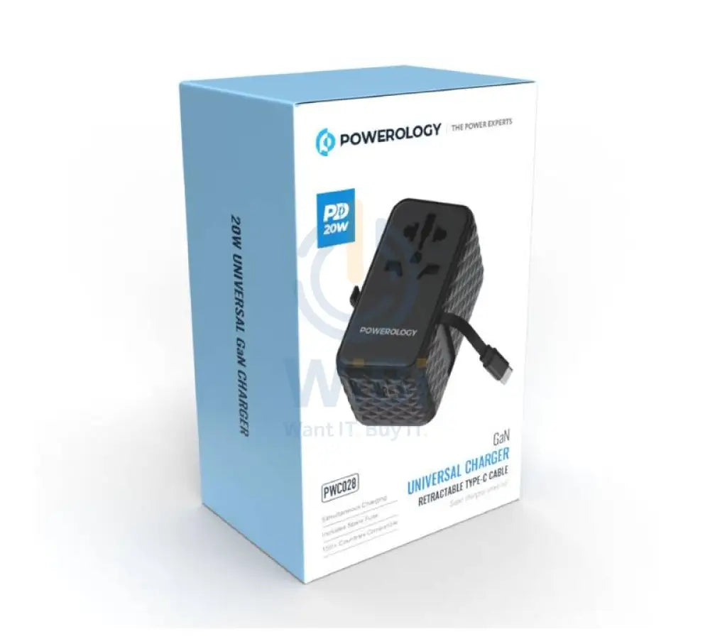 Powerology GaN Universal Charger Retractable Type-C Cable - 20W / Black Accessories > Power Adapters