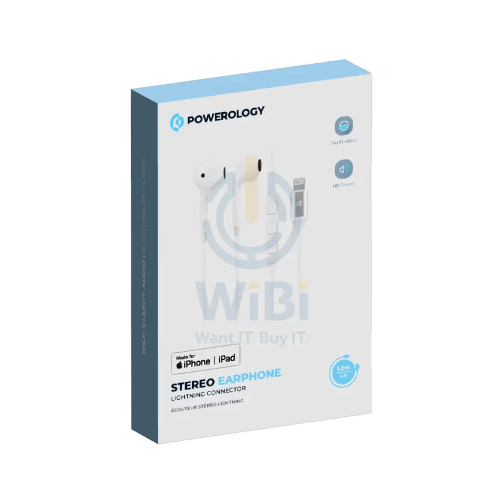 Powerology Stereo Earphone Lightning Connector 1.2m/4ft - White Accessories > Audio > Headphones